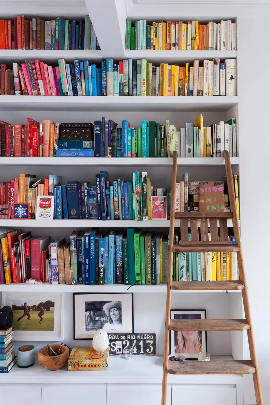Colour coded books on floating ​library shelving with ladder steps.