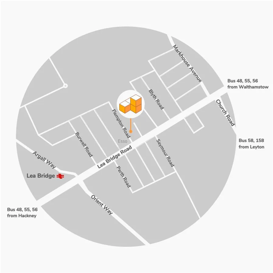 Map of the workshop on Flempton Road off Lea Bridge Road, with bus routes and Lea Bridge station.