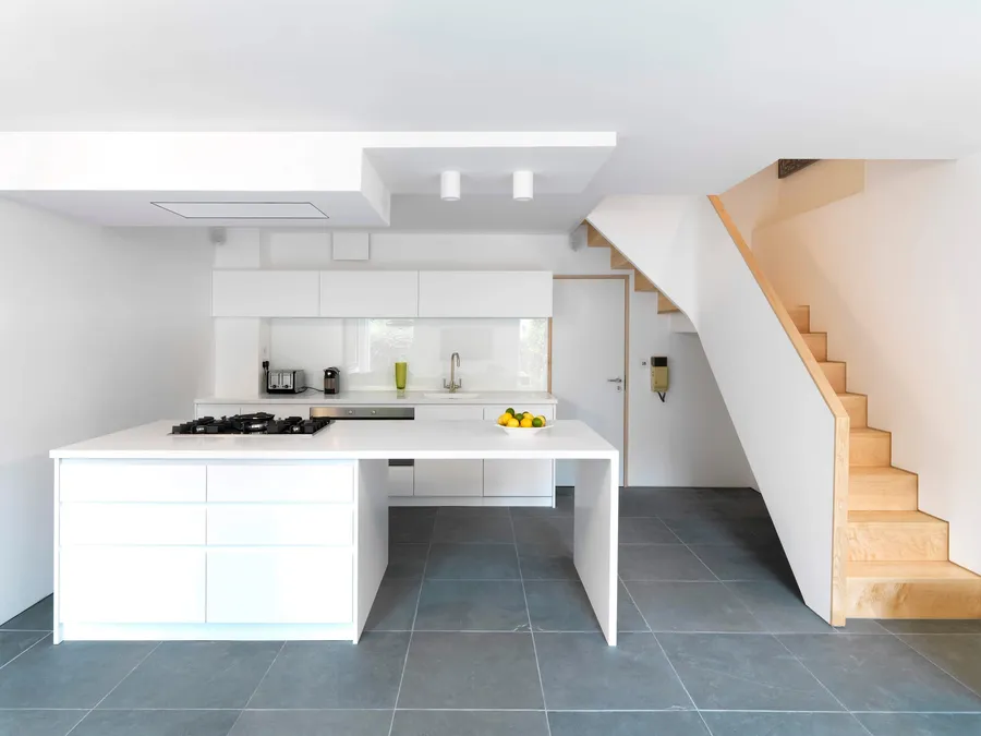 Modern kitchen, solid maple winding stair case.