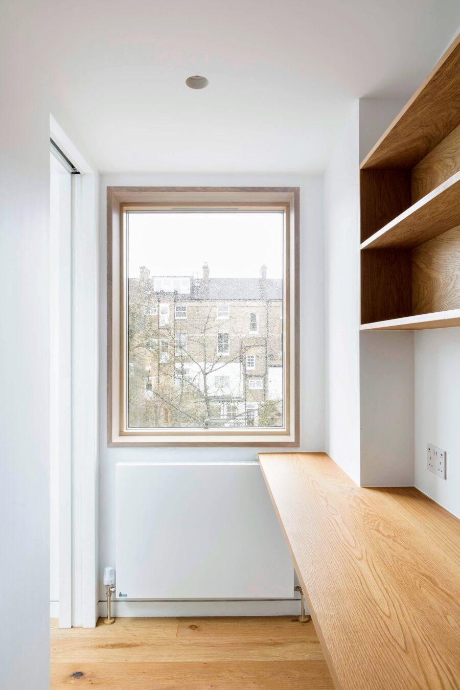 Study oak desk and shelving..