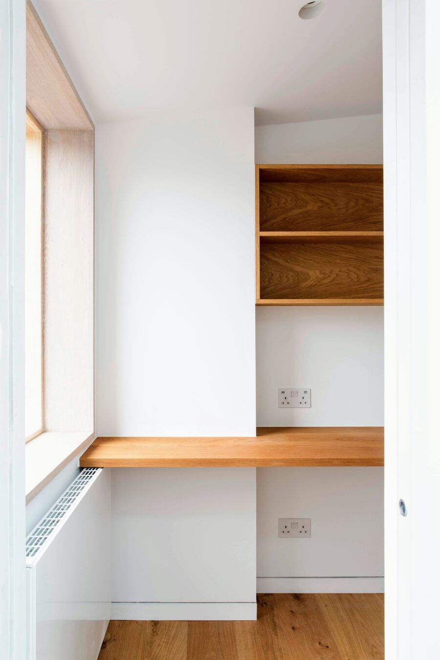 Study oak desk and shelving..