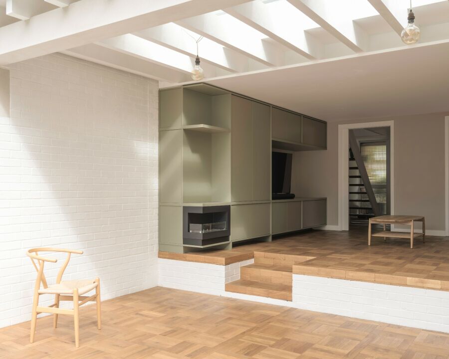 modern and minimal split level living room.