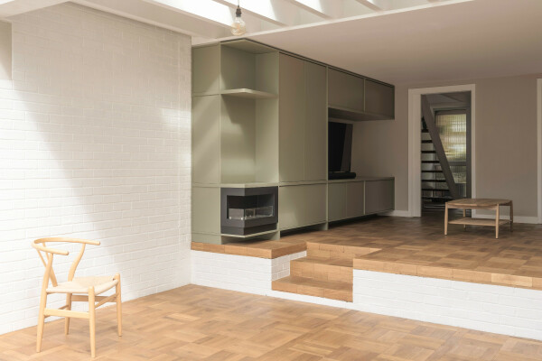 modern and minimal split level living room.