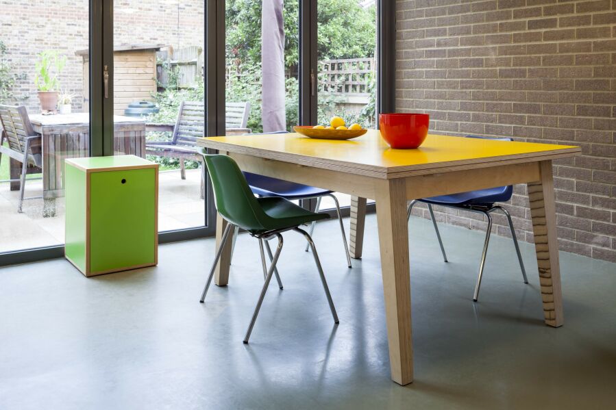 Laminated birch plywood extending dining table, pull out step stool.