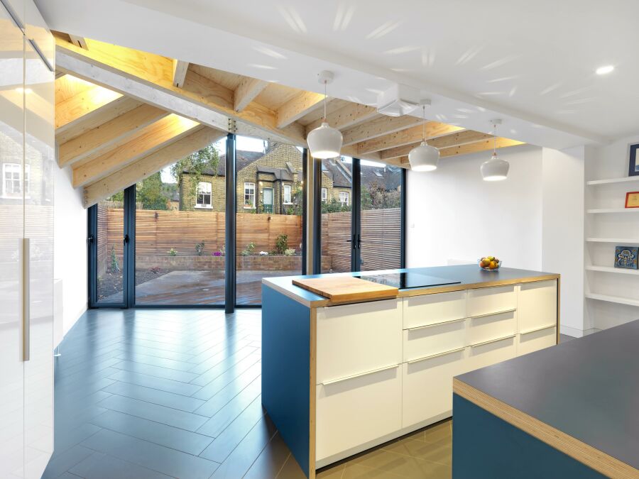 A laminated plywood kitchen with a Kerto plywood roof structure..