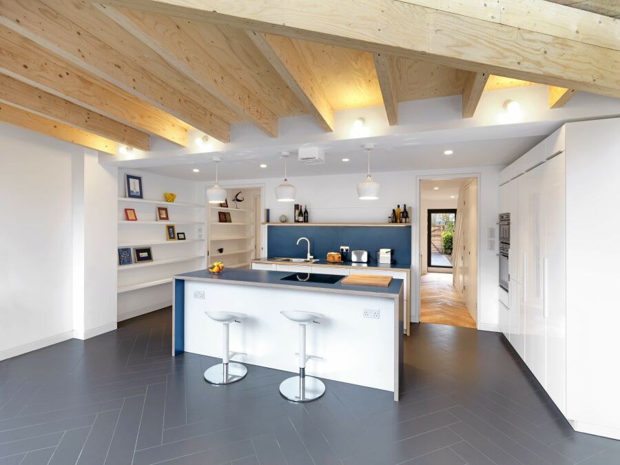 A laminated plywood kitchen with a Kerto plywood roof structure..