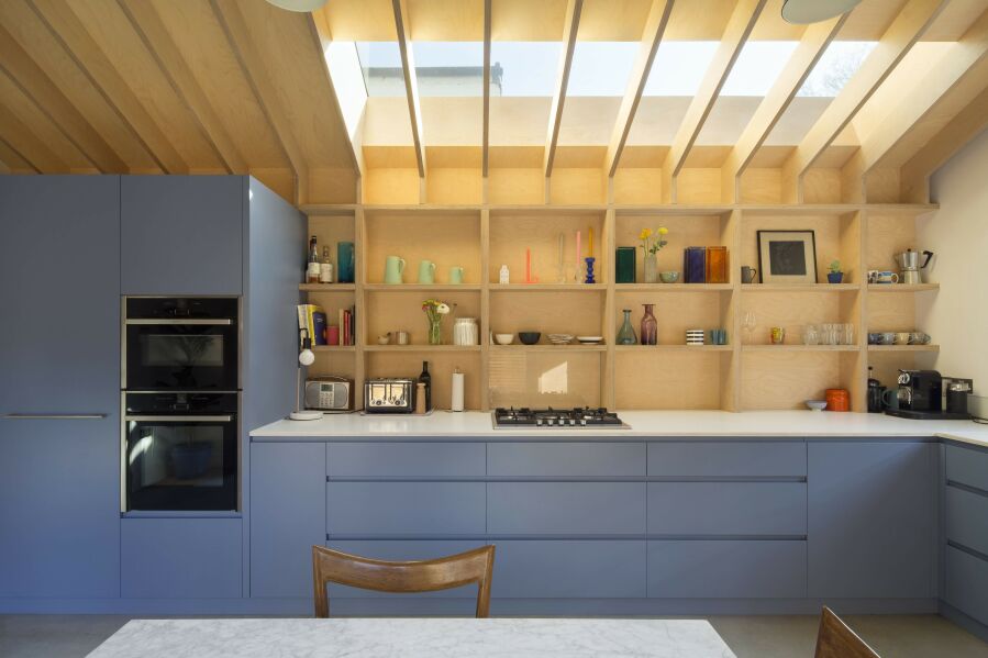 Birch plywood structure, bespoke kitchen with PU lacquered fronts and Quartz worktops..