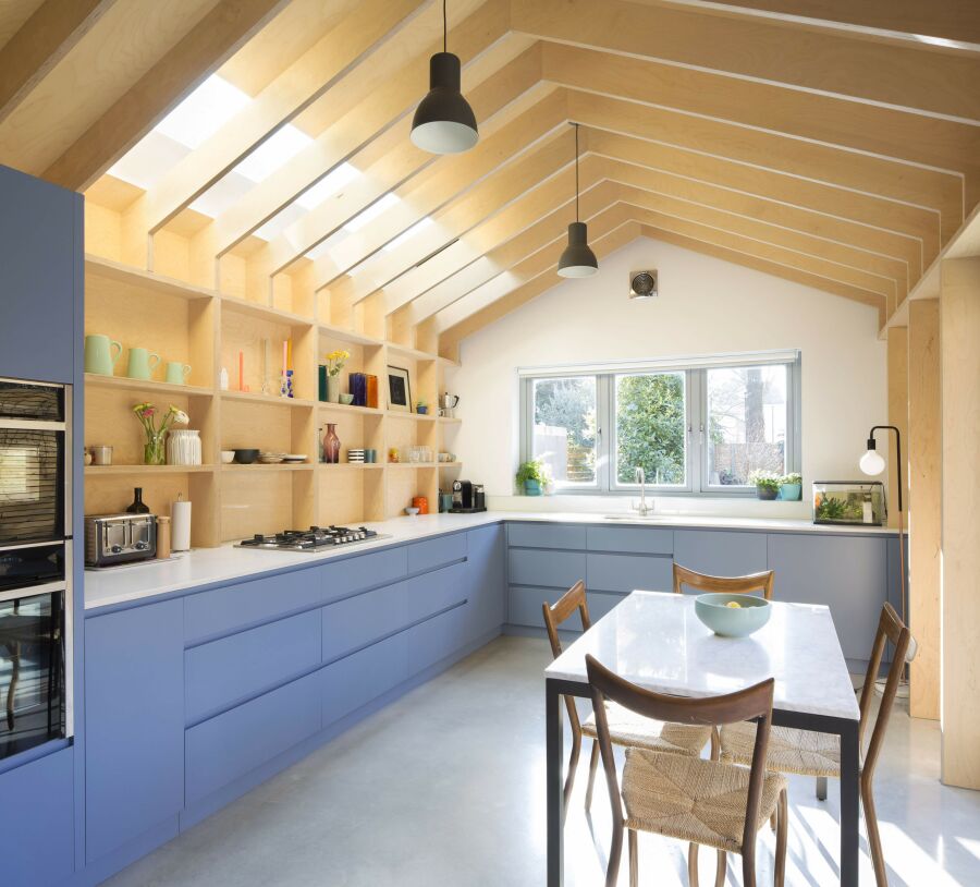 Birch plywood structure, bespoke kitchen with PU lacquered fronts and Quartz worktops..