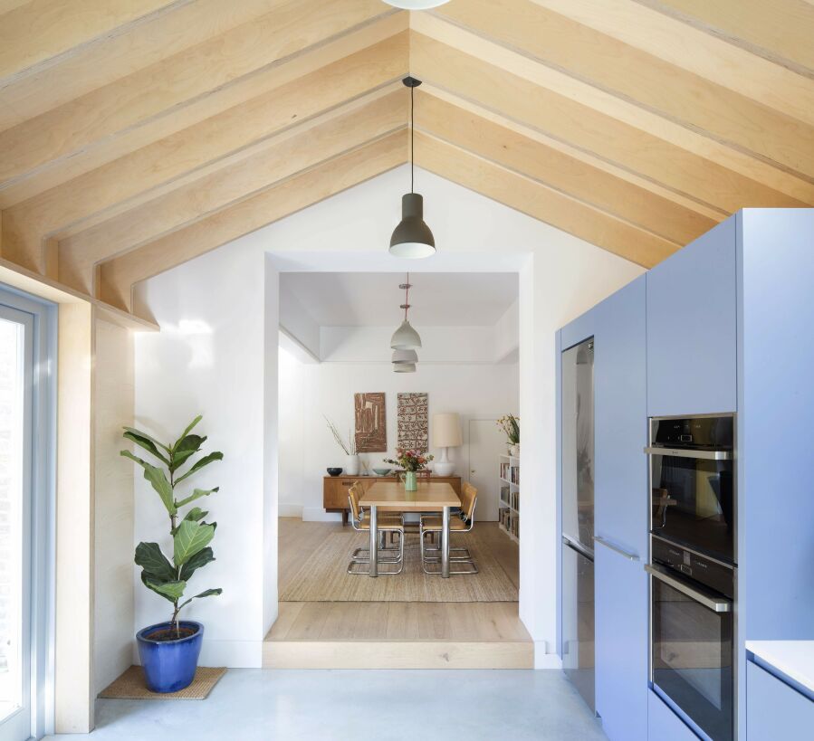 Birch plywood structure, bespoke kitchen with PU lacquered fronts and Quartz worktops..