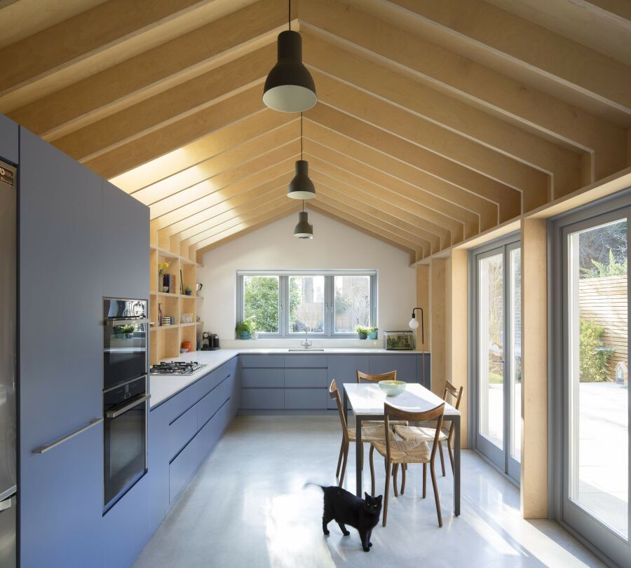 Birch plywood structure, bespoke kitchen with PU lacquered fronts and Quartz worktops..