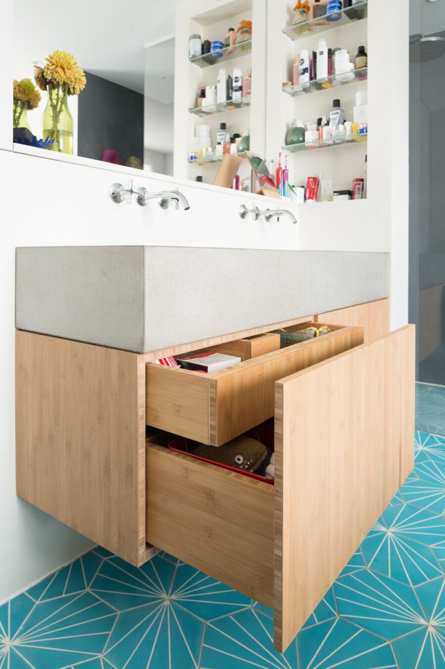 Bamboo plywood sink drawer unit with concrete sink..