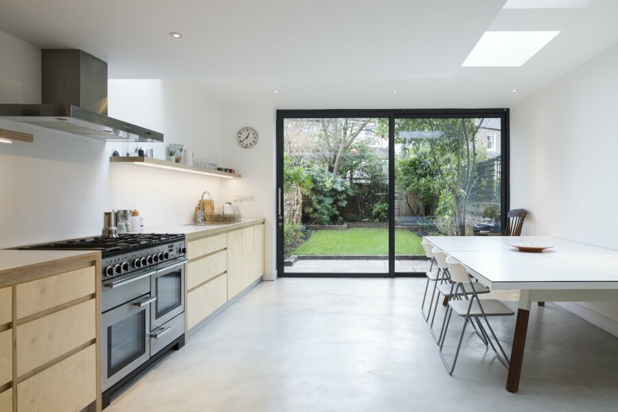 Modern and white kitchen extension.